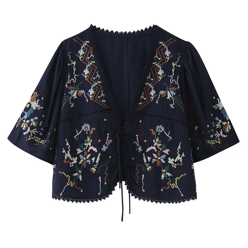 Damen Bestickte Boho-Kimono-Jacke mit Bindeband und Häkelbesatz Drune