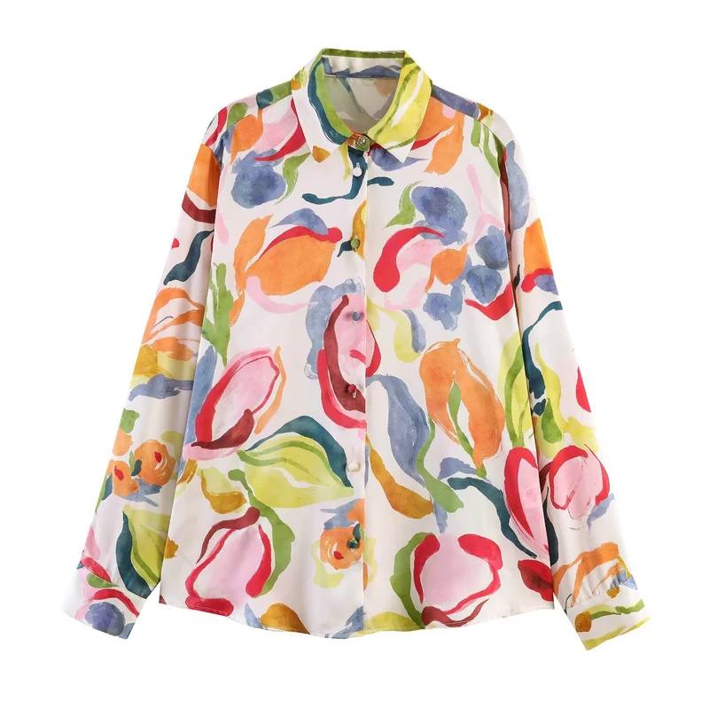 Damen bedruckte Oversize-Bluse mit Hemdkragen und Perlmuttknöpfen Drune