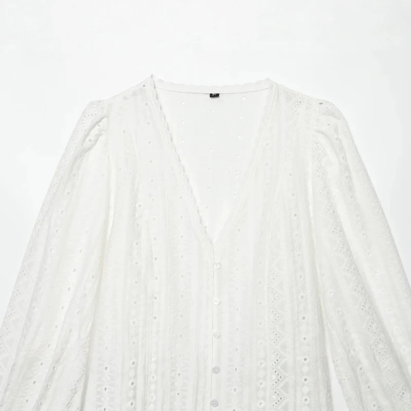Damen Baumwoll-Spitzen-Cardigan mit V‑Ausschnitt, Knopfleiste und Ballonärmeln Drune