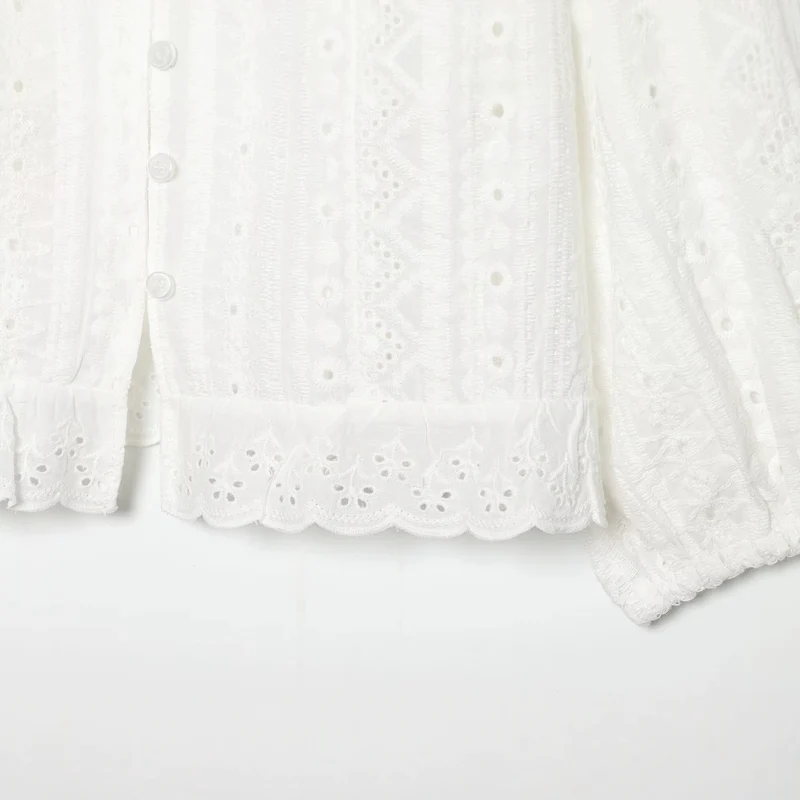 Damen Baumwoll-Spitzen-Cardigan mit V‑Ausschnitt, Knopfleiste und Ballonärmeln Drune