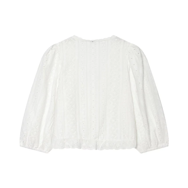 Damen Baumwoll-Spitzen-Cardigan mit V‑Ausschnitt, Knopfleiste und Ballonärmeln Drune