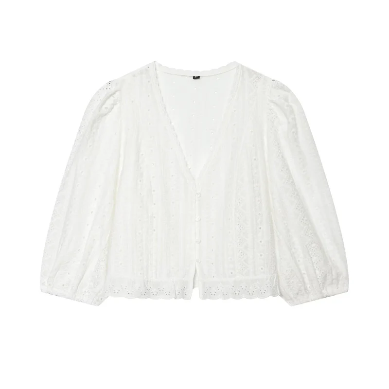 Damen Baumwoll-Spitzen-Cardigan mit V‑Ausschnitt, Knopfleiste und Ballonärmeln Drune