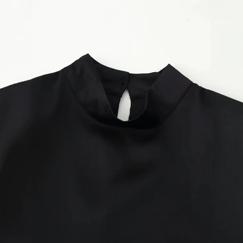 Damen Asymmetrisches Satin-Top mit Spitzenbesatz, Stehkragen und Glockenärmeln Drune