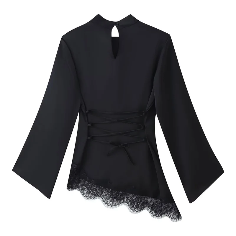Damen Asymmetrisches Satin-Top mit Spitzenbesatz, Stehkragen und Glockenärmeln Drune