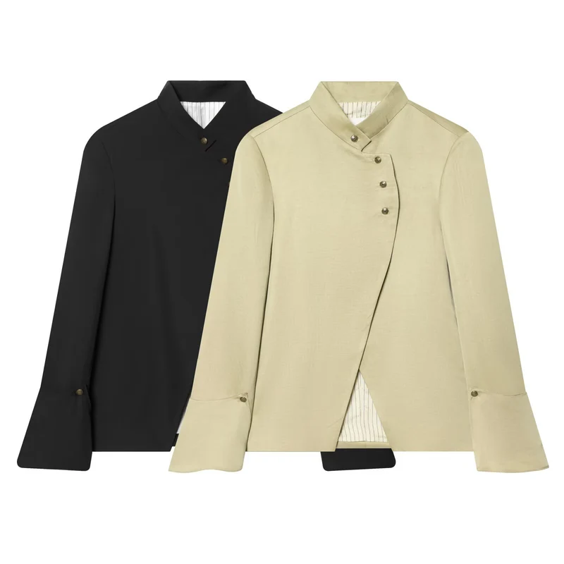 Damen Asymmetrischer Kurzblazer mit Stehkragen und Zierknopfleiste Drune