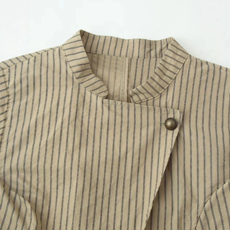 Damen Asymmetrische Nadelstreifen-Blazerjacke mit Stehkragen und überlappender Vorderseite Drune