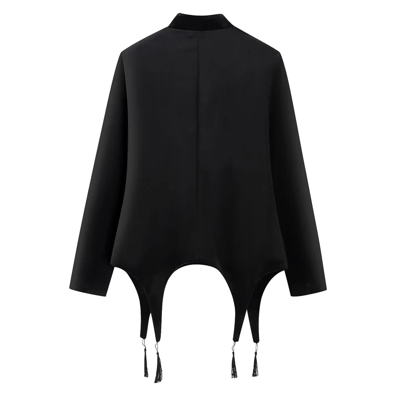 Damen Asymmetrische Kurzjacke mit Stehkragen, Kordelverschlüssen und Quasten-Saum Drune