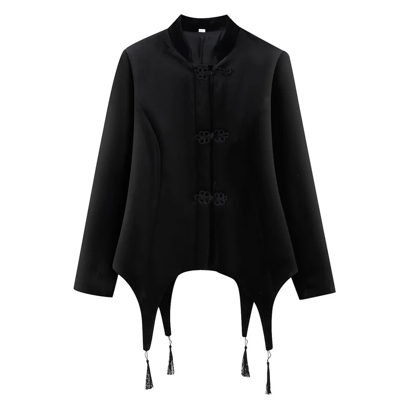 Damen Asymmetrische Kurzjacke mit Stehkragen, Kordelverschlüssen und Quasten-Saum Drune