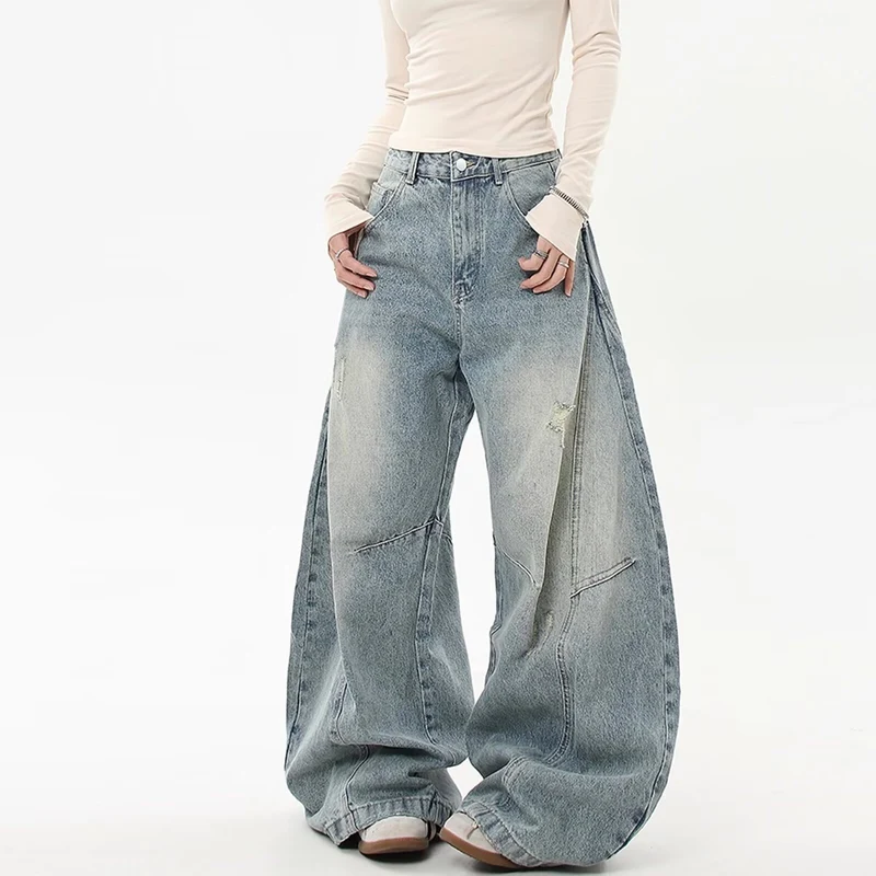 Damen Weitgeschnittene Denim-Hose mit Rissen Drune