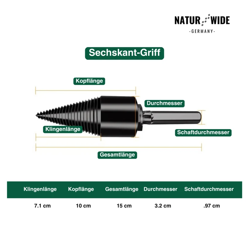 Brennholz-Spaltbohrer 32mm – Kegelspalter für Bohrmaschine