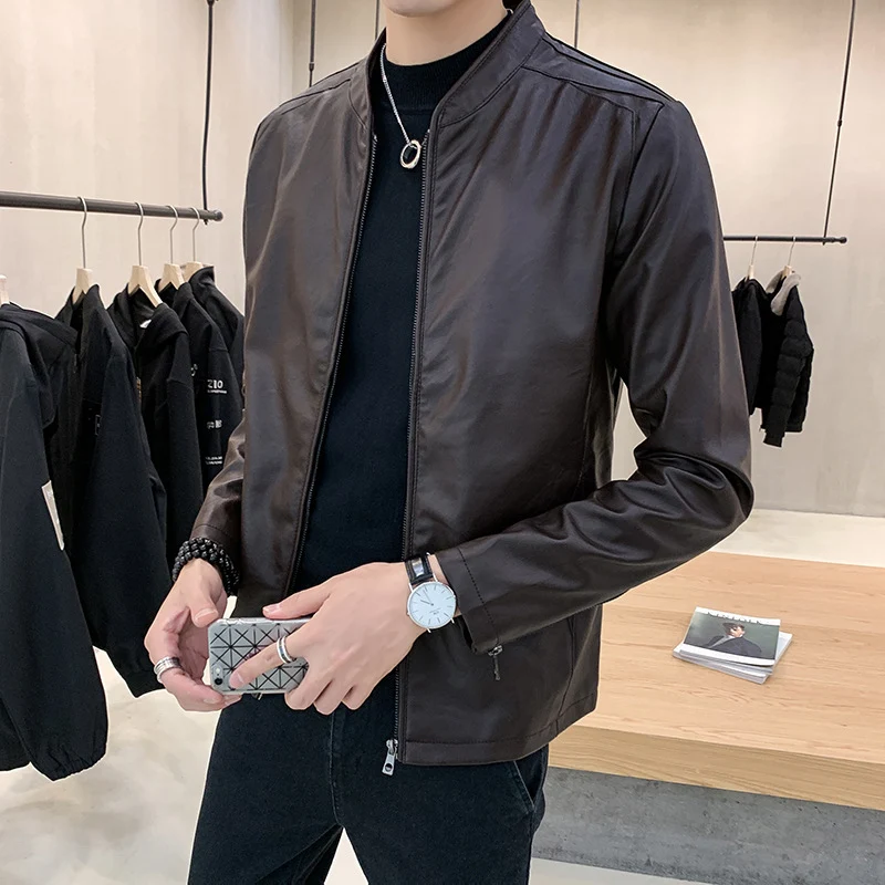 Herren Modische Lederjacke mit stylischem Kragen Drune