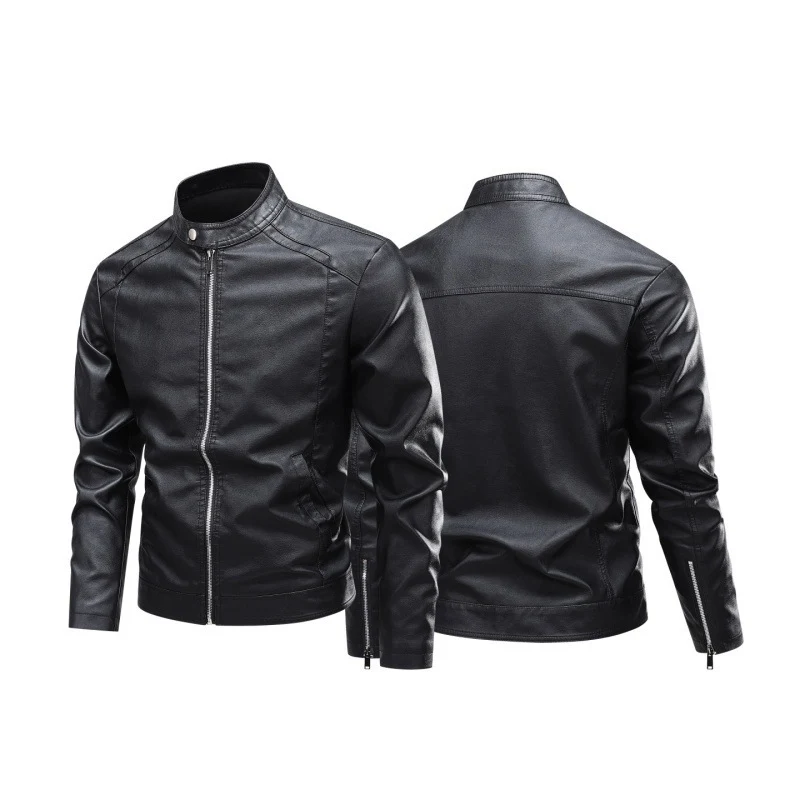 Herren Modische Lederjacke mit Stehkragen und praktischen Reißverschlusstaschen Drune