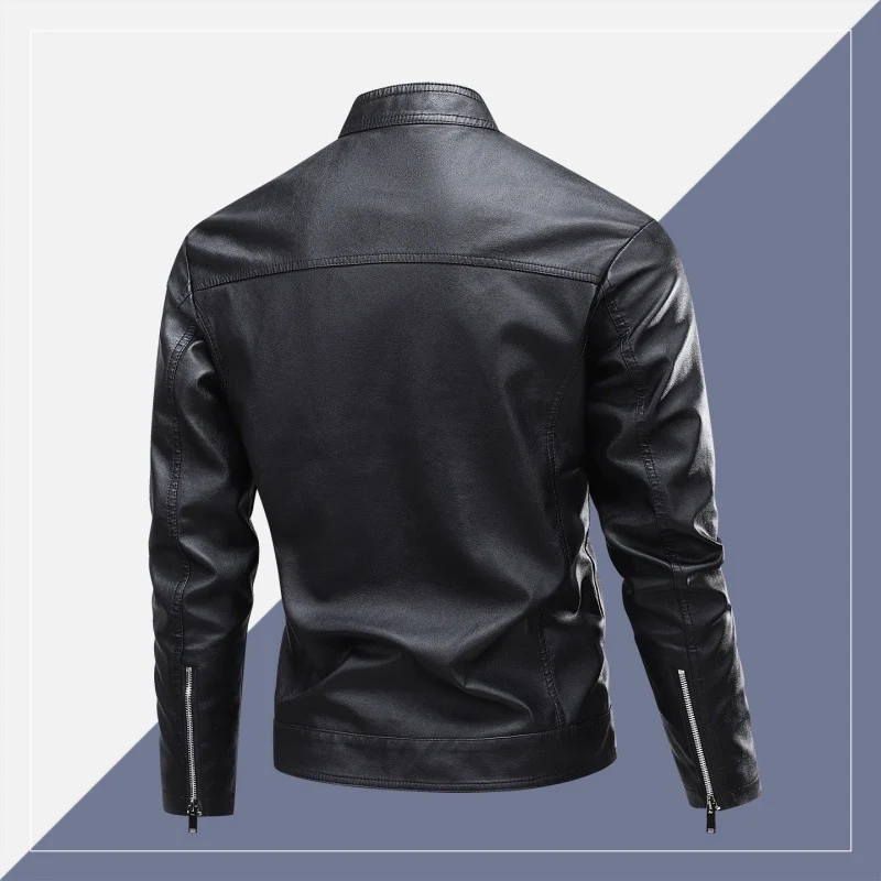 Herren Modische Lederjacke mit Stehkragen und praktischen Reißverschlusstaschen Drune