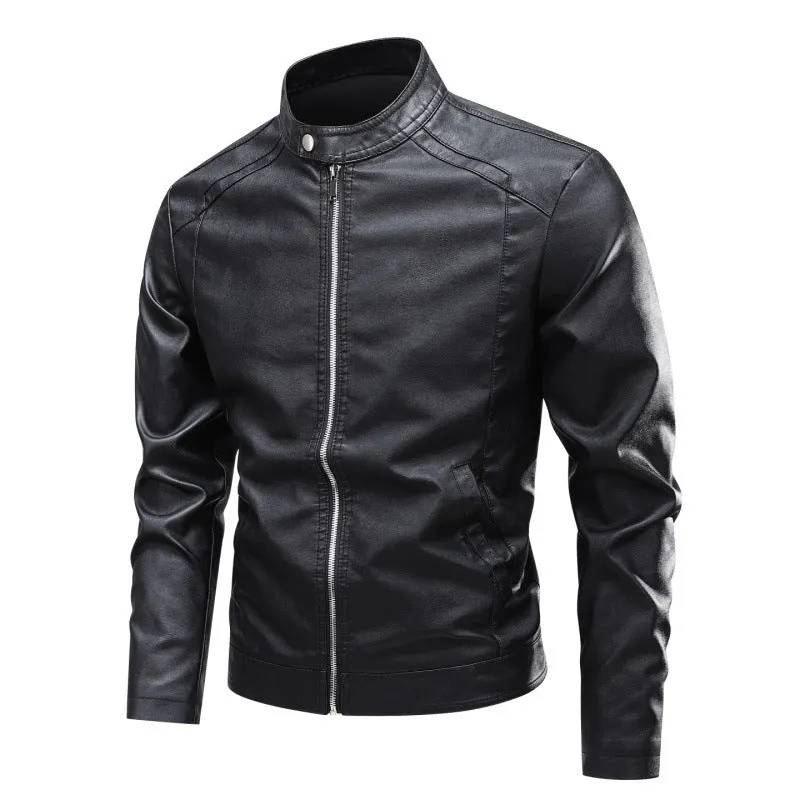 Herren Modische Lederjacke mit Stehkragen und praktischen Reißverschlusstaschen Drune