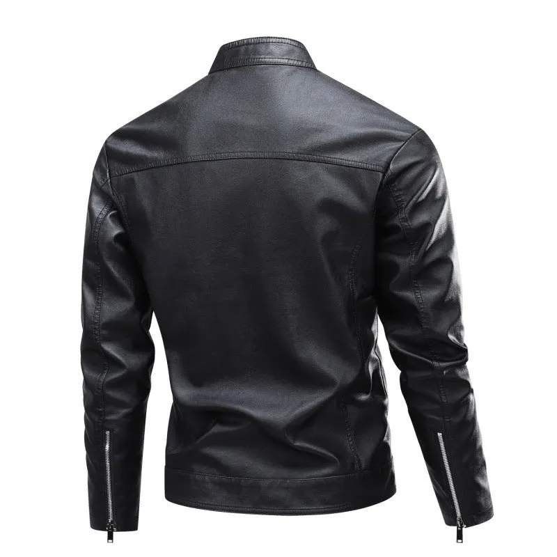 Herren Modische Lederjacke mit Stehkragen und praktischen Reißverschlusstaschen Drune