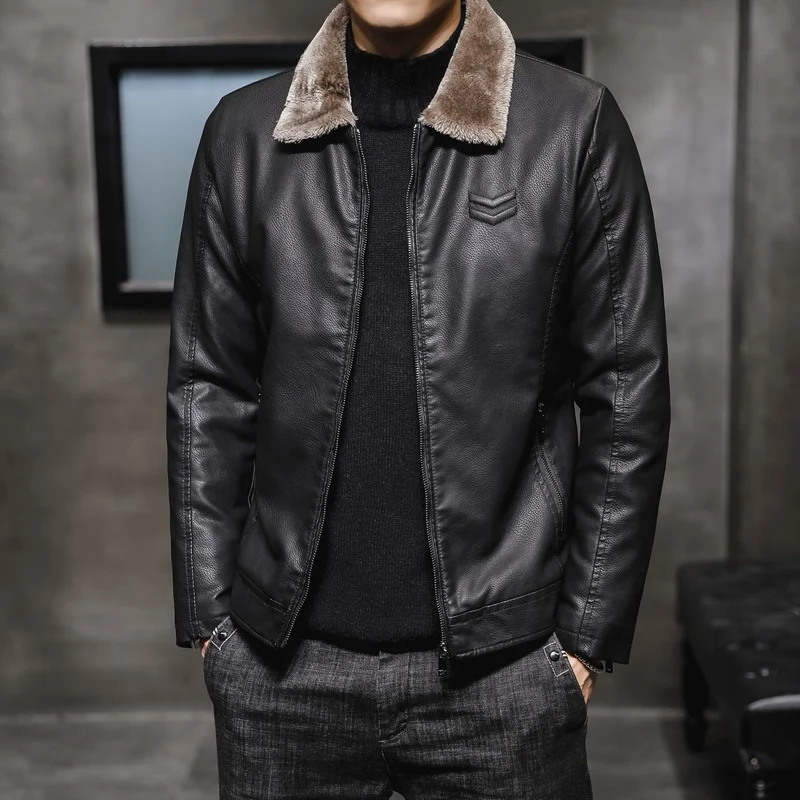 Herren Modische Lederjacke mit Kunstfellkragen Drune