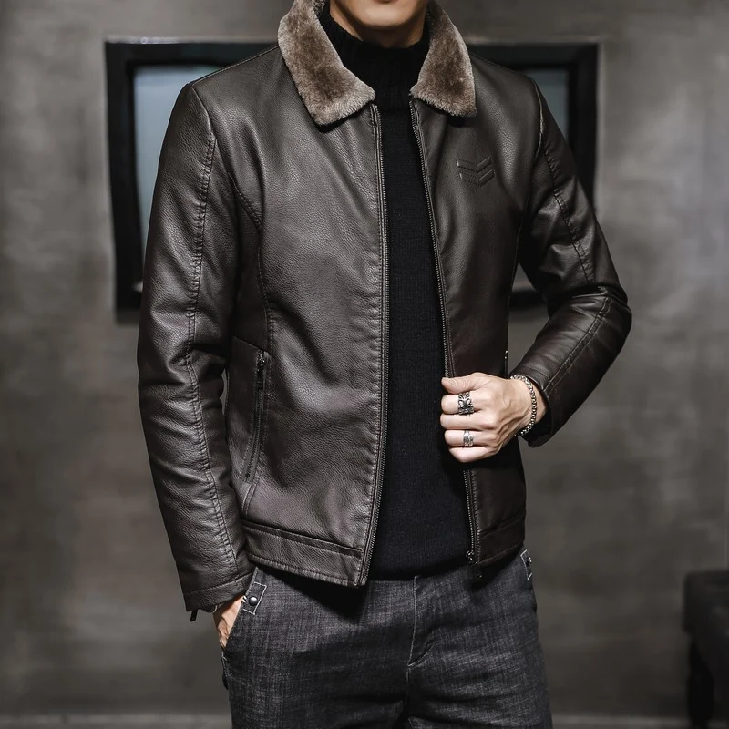 Herren Modische Lederjacke mit Kunstfellkragen Drune