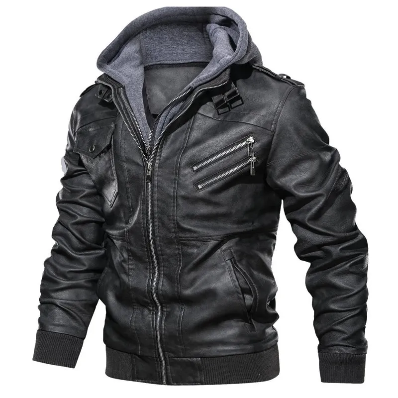 Herren Modische Lederjacke mit Kapuze und praktischen Taschen Drune