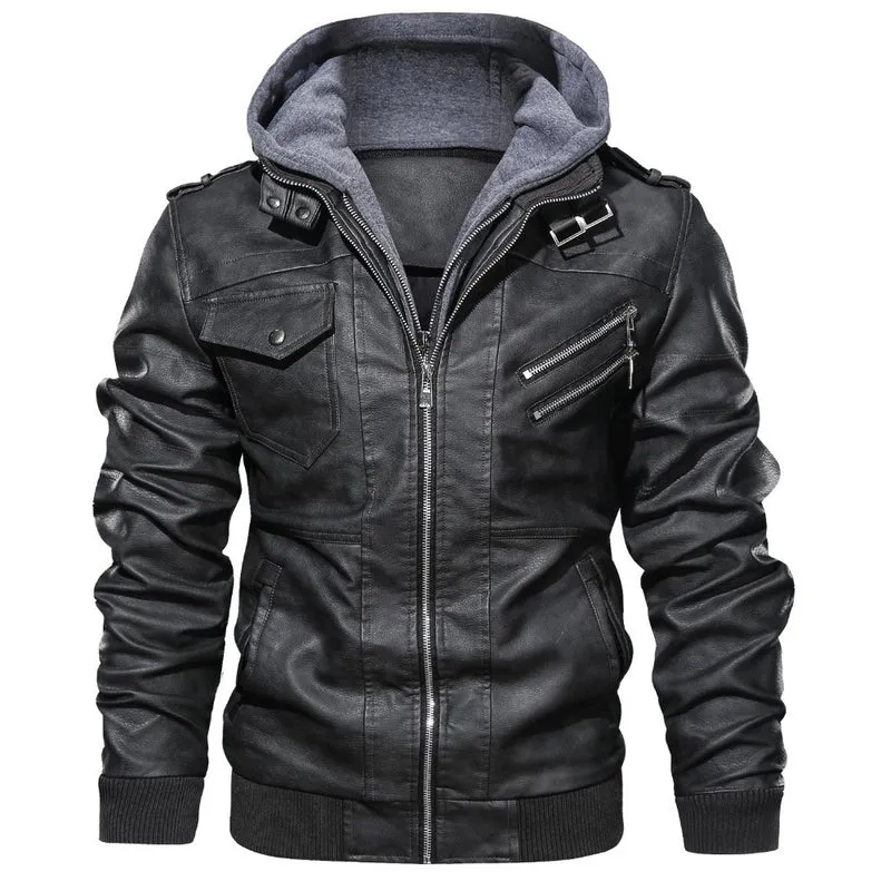 Herren Modische Lederjacke mit Kapuze und praktischen Taschen Drune