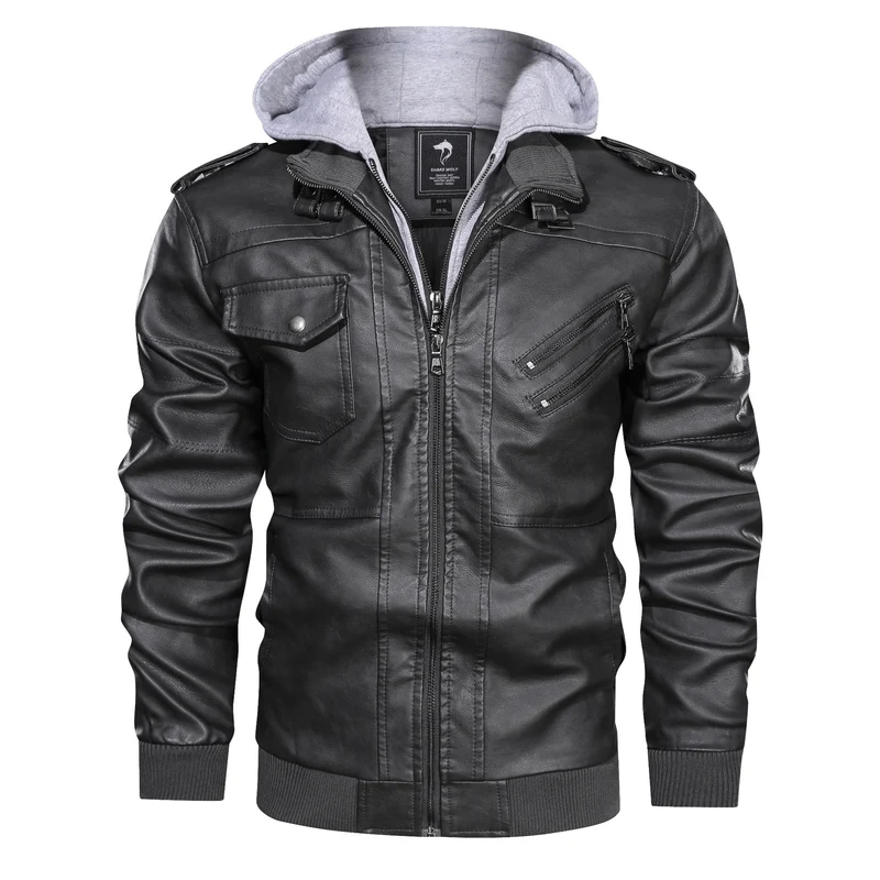 Herren Modische Lederjacke mit Kapuze und praktischen Taschen Drune