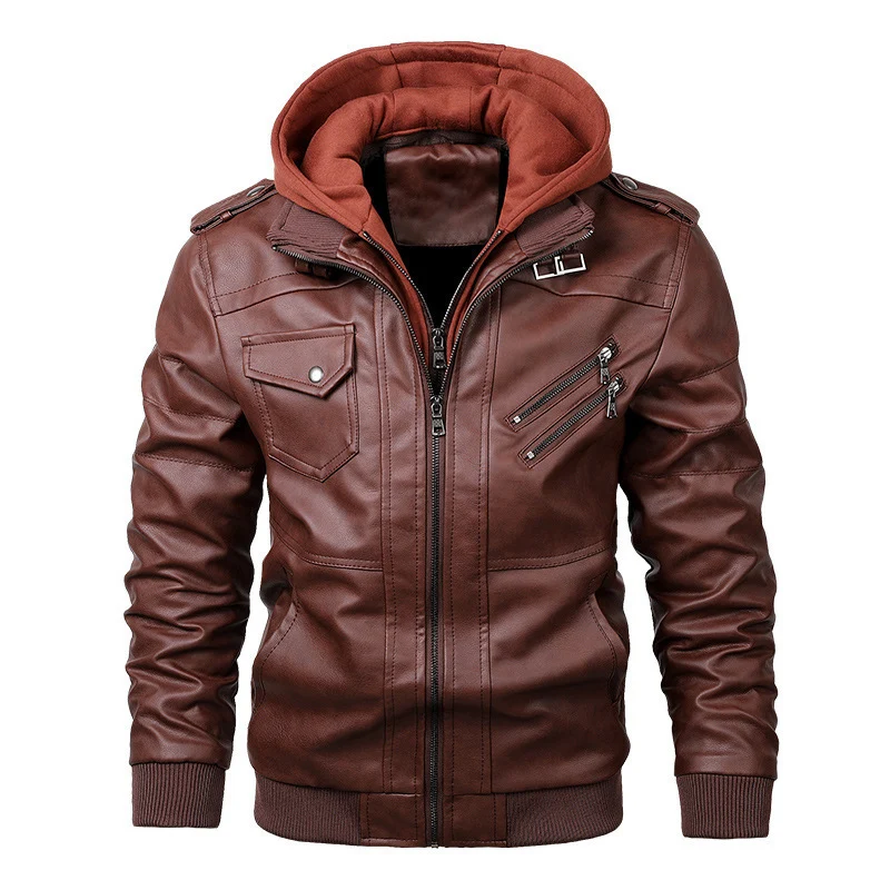 Herren modische Lederjacke mit Kapuze und Innenfleece Drune