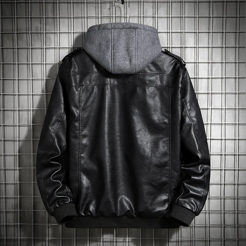 Herren Modische Lederjacke mit Kapuze Drune