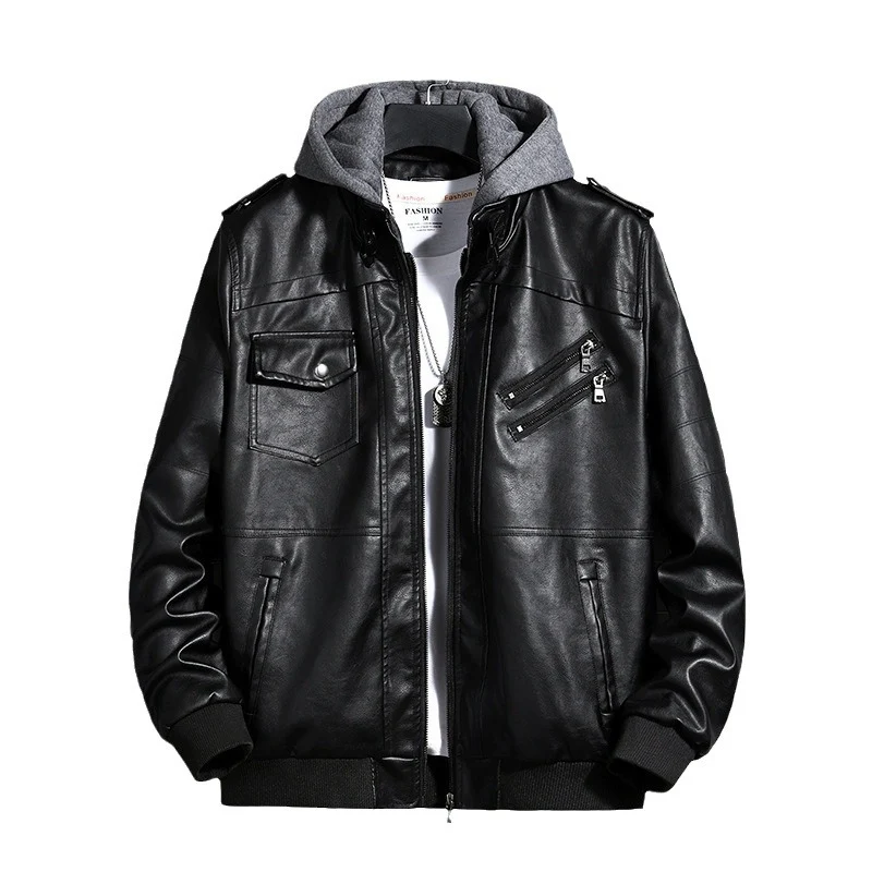 Herren Modische Lederjacke mit Kapuze Drune