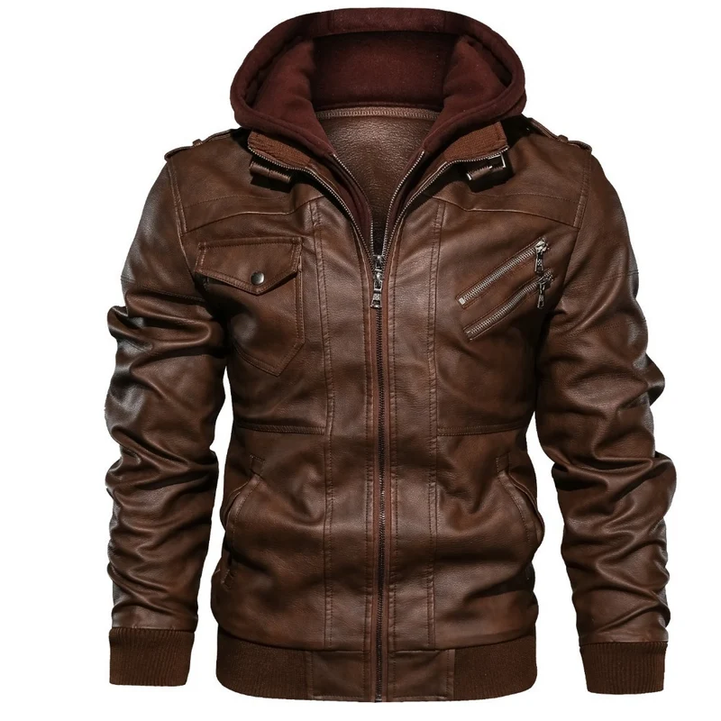 Herren modische Lederjacke mit abnehmbarer Kapuze Drune