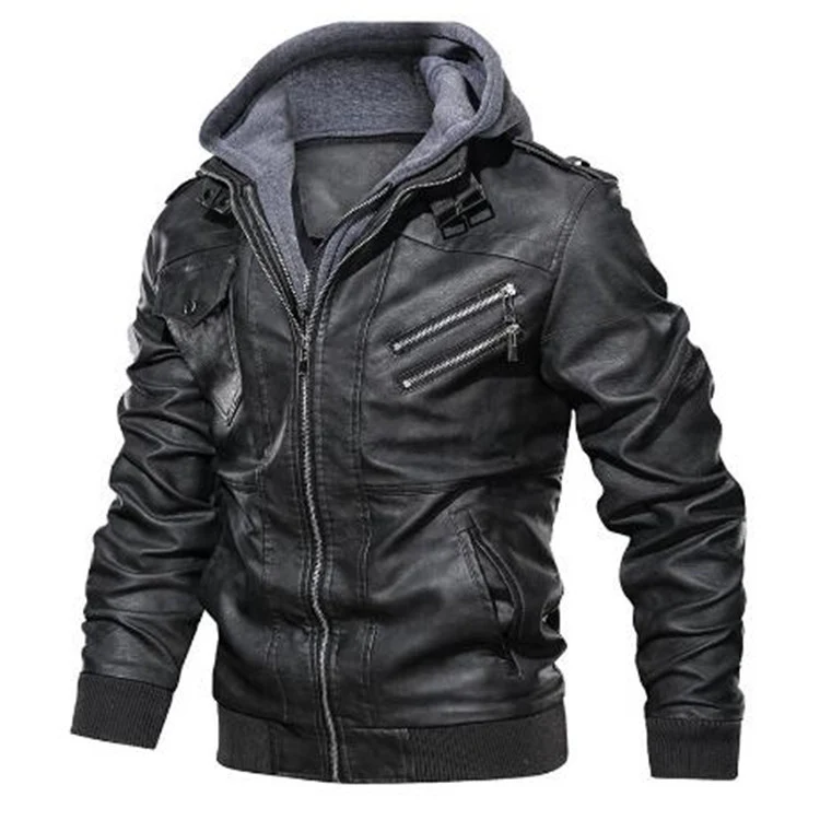Herren modische Lederjacke mit abnehmbarer Kapuze Drune