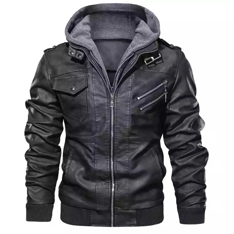 Herren modische Lederjacke mit abnehmbarer Kapuze Drune 1788417868