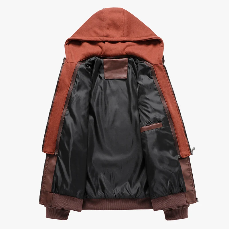 Herren Modische Lederjacke mit abnehmbarem Kapuzenpullover Drune