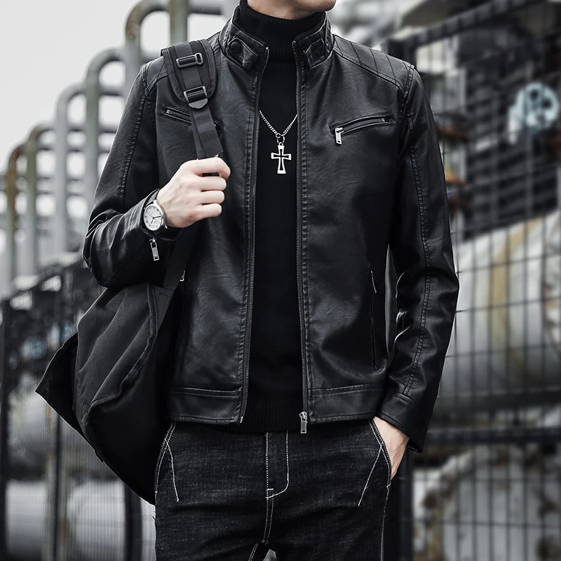 Herren Modische Kunstlederjacke mit warmem Innenfutter Drune