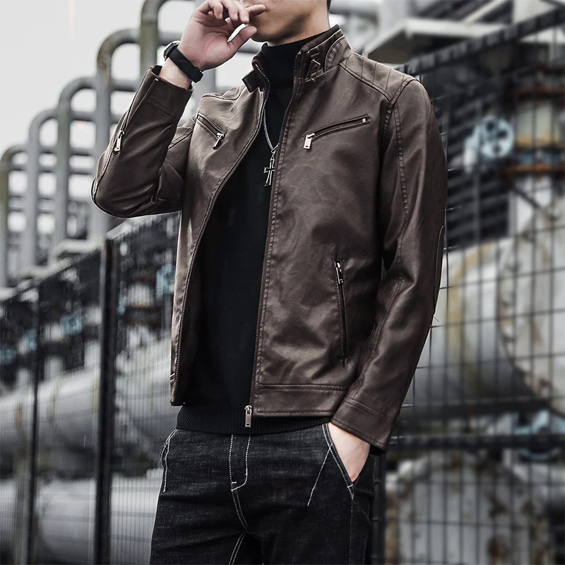Herren Modische Kunstlederjacke mit warmem Innenfutter Drune
