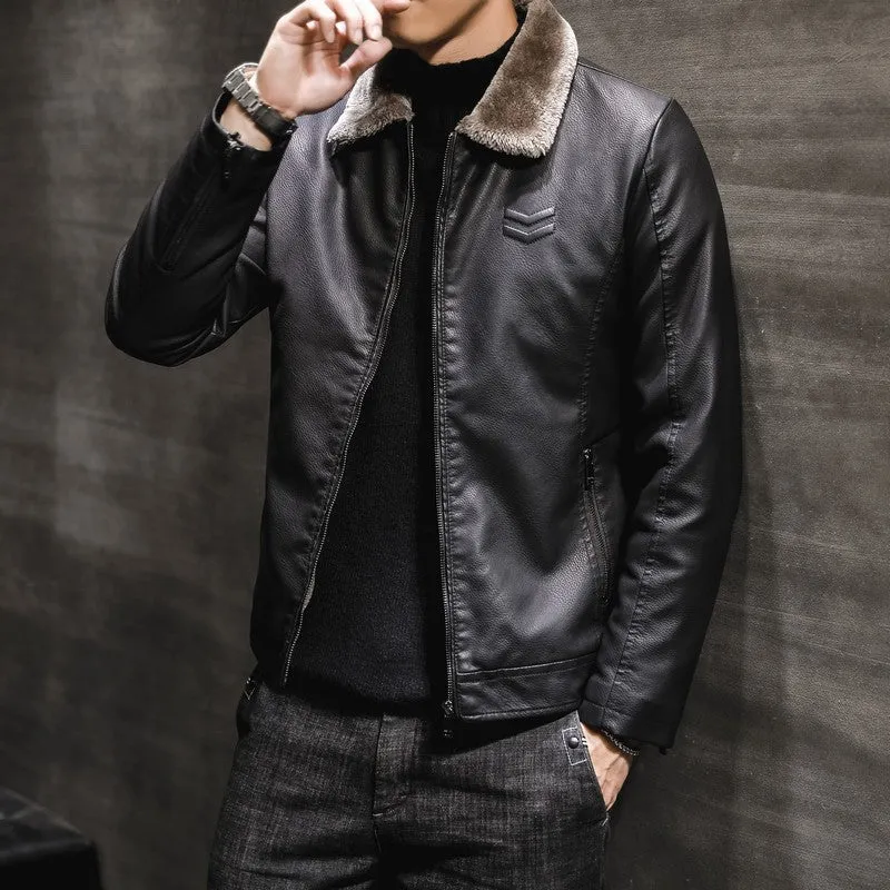 Herren Modische Kunstlederjacke mit warmem Fleece-Futter Drune