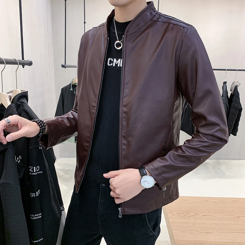 Herren Modische Kunstlederjacke mit Stehkragen und Reißverschlusstaschen Drune