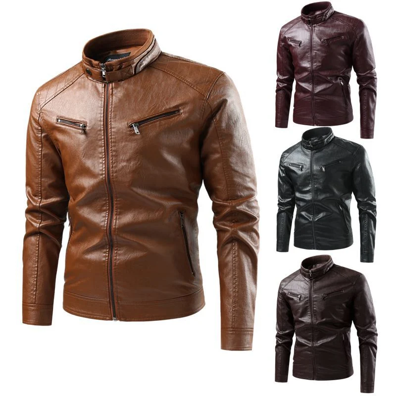 Herren Modische Kunstlederjacke mit Stehkragen und praktischen Taschen Drune