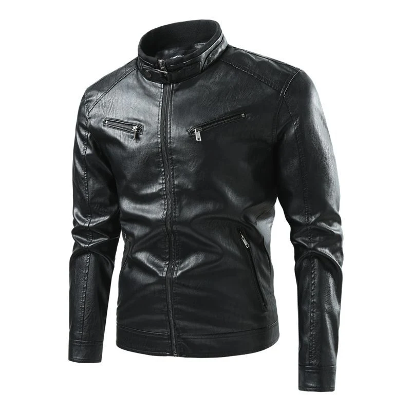 Herren Modische Kunstlederjacke mit Stehkragen und praktischen Taschen Drune