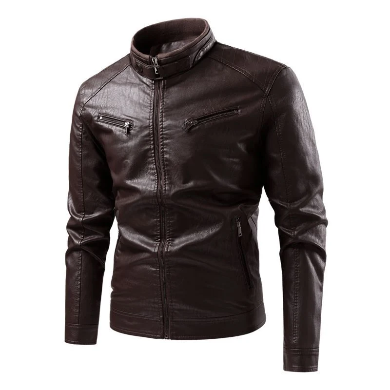 Herren Modische Kunstlederjacke mit Stehkragen und praktischen Taschen Drune