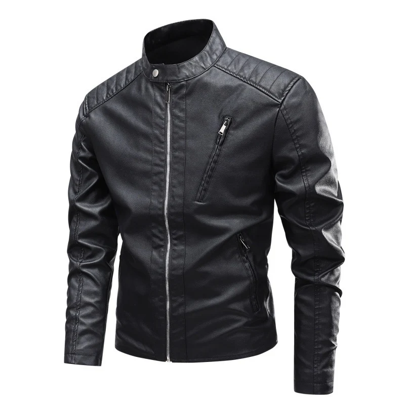 Herren Modische Kunstlederjacke mit Stehkragen und hochwertigen Reißverschlüssen Drune