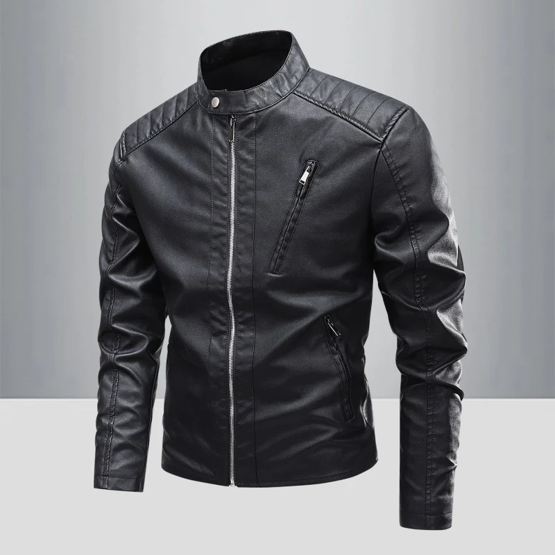 Herren Modische Kunstlederjacke mit Stehkragen und hochwertigen Reißverschlüssen Drune