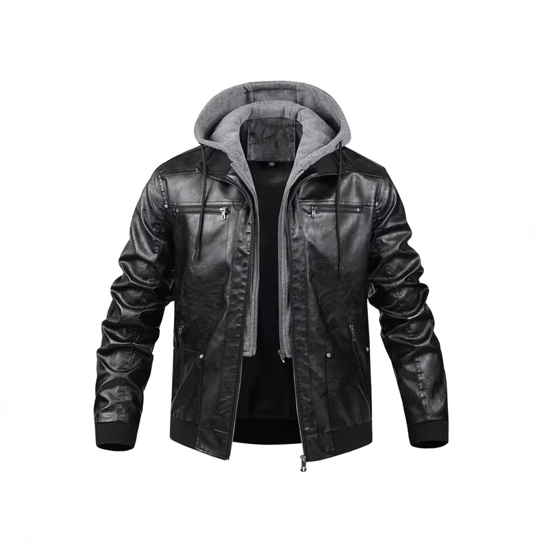 Herren Modische Kunstlederjacke mit abnehmbarer Kapuze Drune