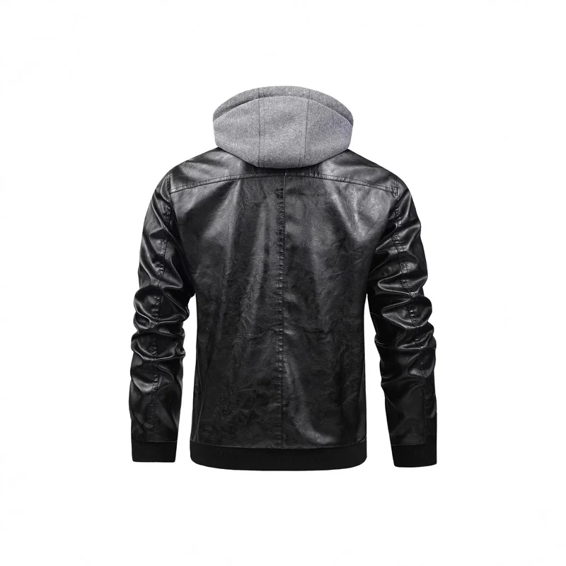 Herren Modische Kunstlederjacke mit abnehmbarer Kapuze Drune