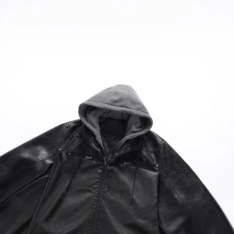 Herren Modische Kunstlederjacke mit abnehmbarer Kapuze Drune
