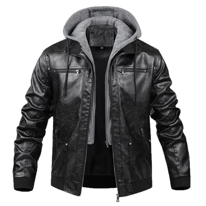 Herren Modische Kunstlederjacke mit abnehmbarer Kapuze Drune