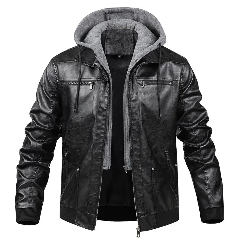 Herren Modische Kunstlederjacke mit abnehmbarer Kapuze Drune