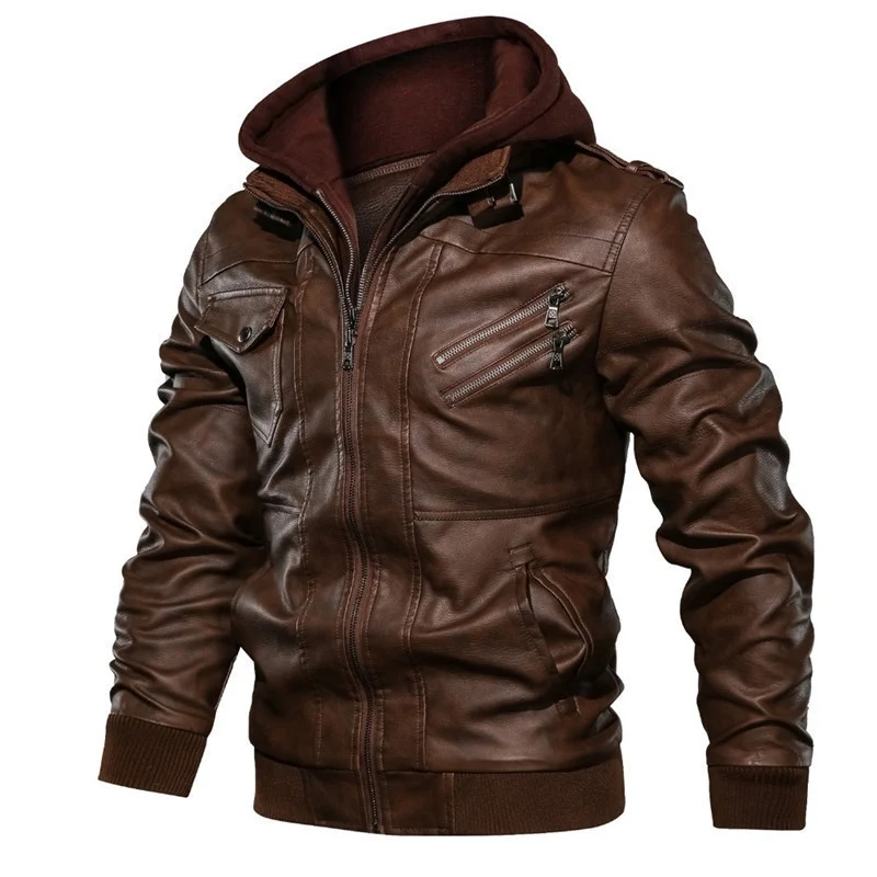 Herren modische Kunstlederjacke mit abnehmbarer Kapuze Drune