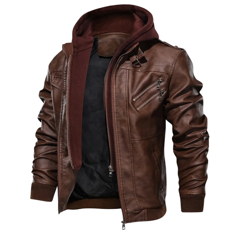 Herren modische Kunstlederjacke mit abnehmbarer Kapuze Drune