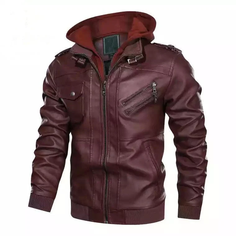 Herren modische Kunstlederjacke mit abnehmbarer Kapuze Drune