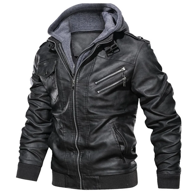 Herren modische Kunstlederjacke mit abnehmbarer Kapuze Drune