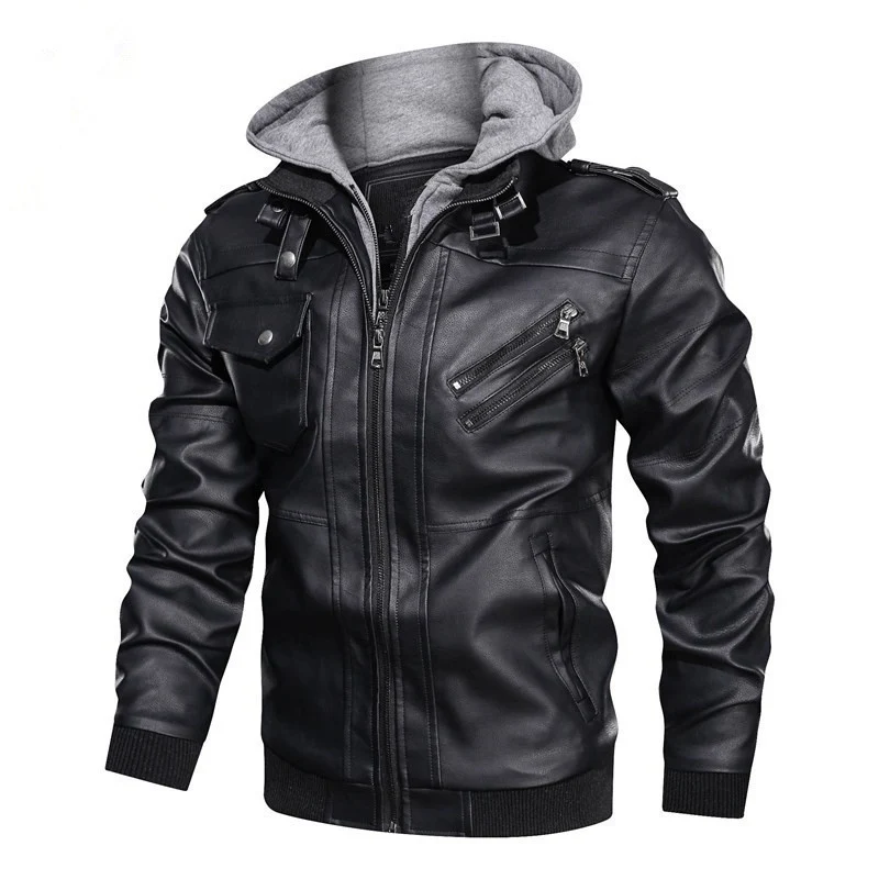 Herren modische Kunstlederjacke mit abnehmbarer Kapuze Drune